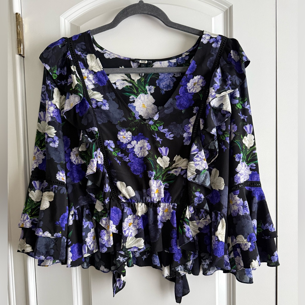 Sexy Marissa Webb Floral Ruffle Sleeve Silk Women's Crop Top, Size L, Like New!